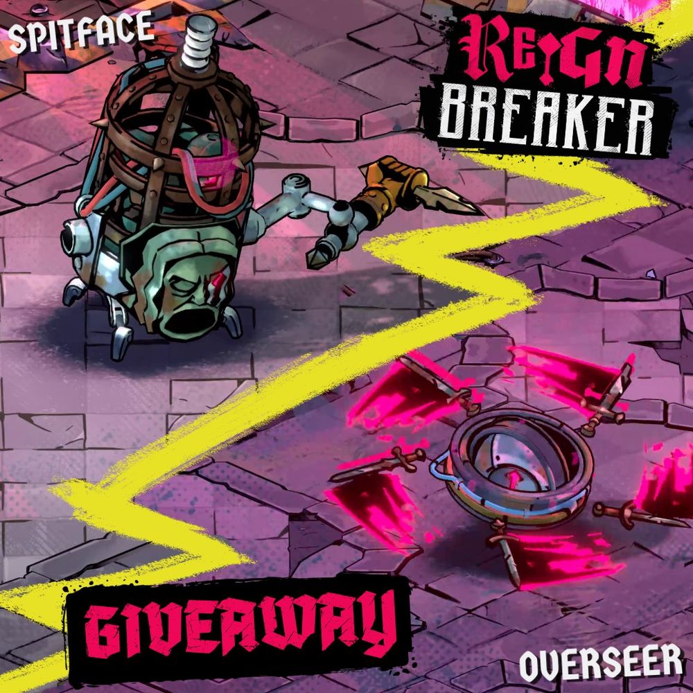 Reignbreaker giveaway. Two images divided by a bright yellow lightning bolt. One shows the spitface miniboss, a large cage with a face and crablike mechanical legs holding a large dagger, and the other shows the Overseer miniboss, a floating orb surrounded by spinning swords.