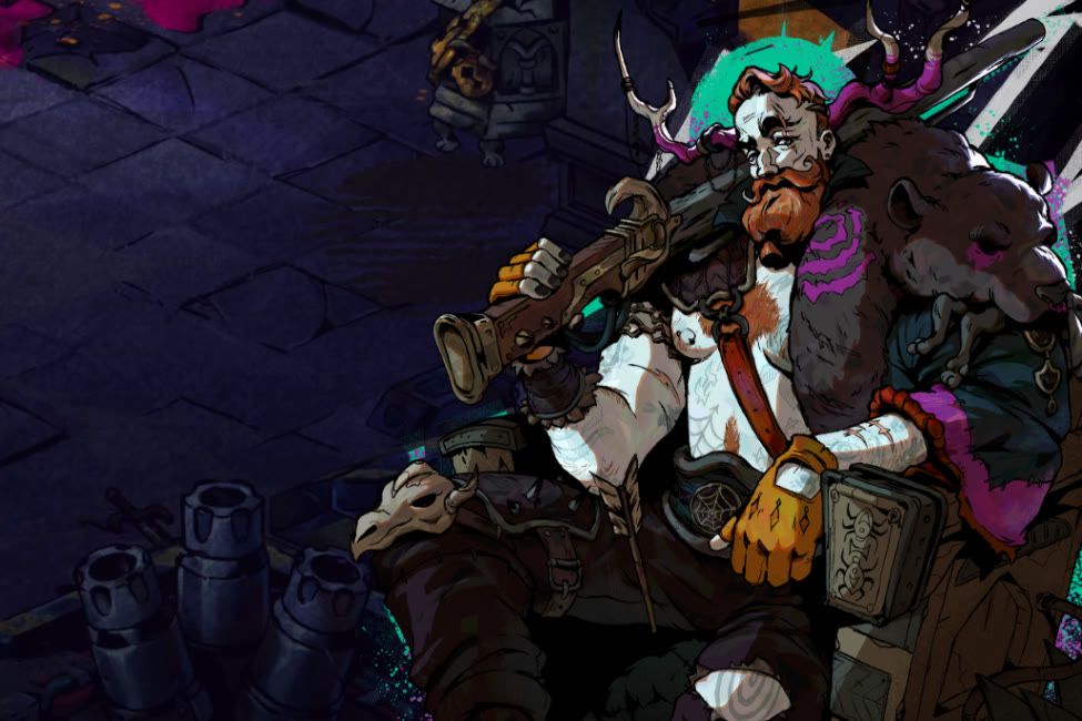 character illustration from Reignbreaker. The trapper is a bearded red haired man sitting on a chair holding a large hunting rifle on his shoulder.