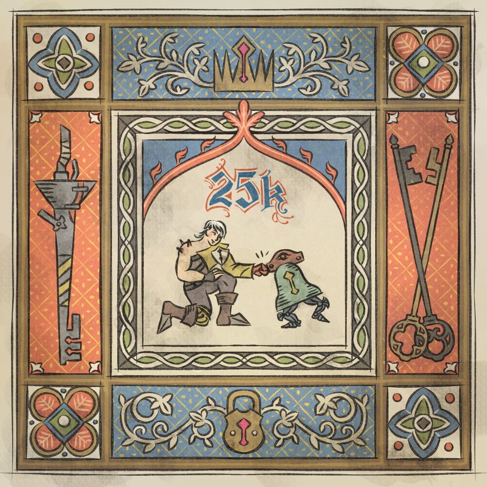 Medieval manuscript style illustration of Clef fist-bumping the baby bellgrunt from Reignbreaker. Above them reads "25k." A decorative border surrounds the illustration, showing the javelin weapon, keys, a crown, and a lock.