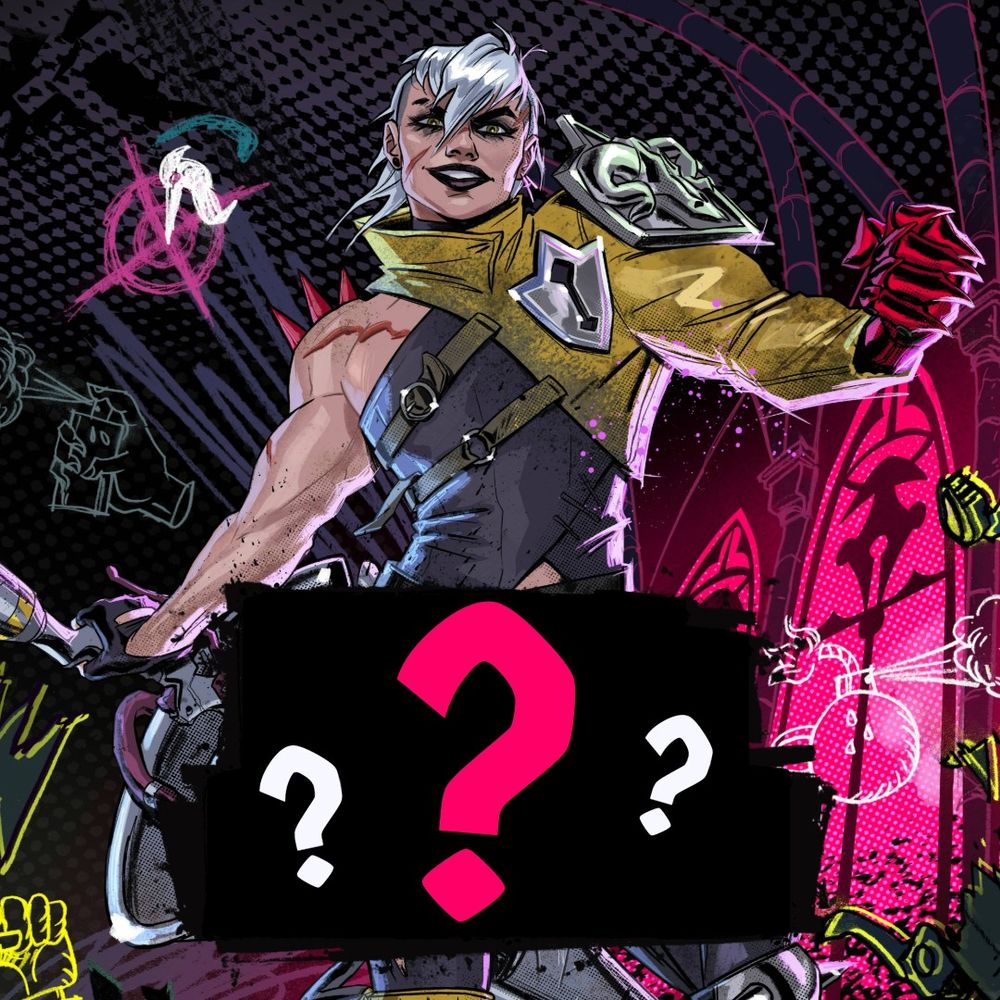 promotional art for reignbreaker, showing protagnist clef in a defiant pose, holding her javelin and clenching her fist. where the title should be, there is a black square with question marks.