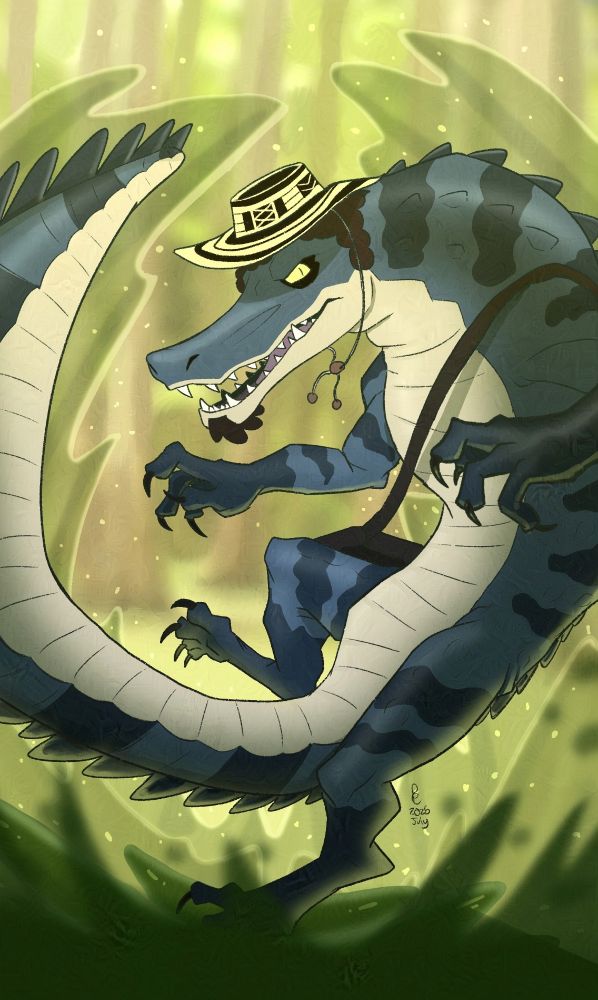 An illustration of a alligator/caiman man, leaping out of the water of a bayou. He's got a shoulder knapsack, and is wearing a floppy hat.