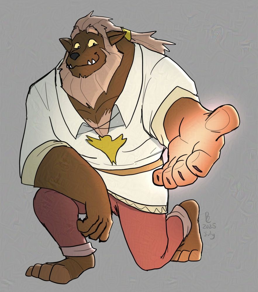 A Bugbear paladin, on one knee, extending a glowing hand to the camera. He's wearing a loose tunic, has a beard, and is smiling. 