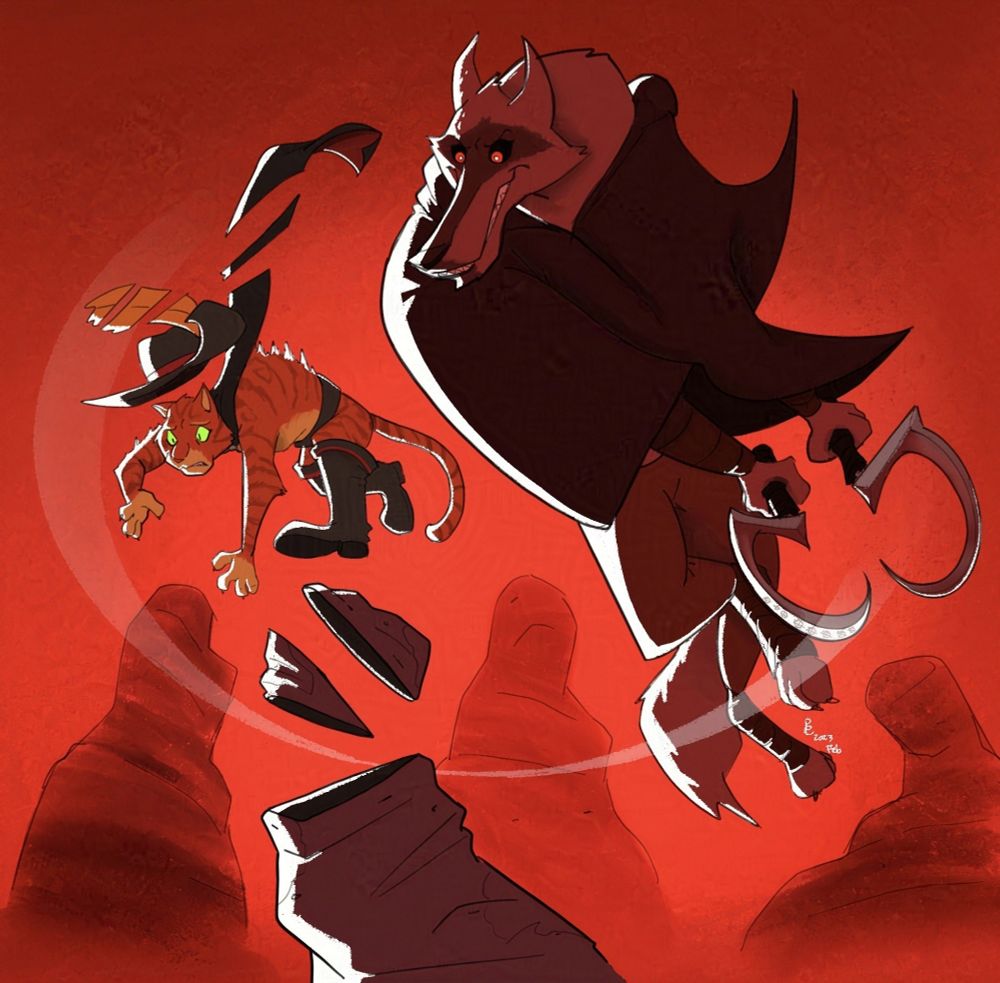 A picture of Puss and Death from Puss in Boots the Last wish. The painting is red. Both characters are in the air, Puss trying to get away from Death. Death has swiped at him, making cuts in Puss's cape, his feather in his cap, and the rock underneath him. Puss looks panicked, while death looks gleeful