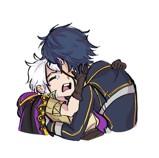 Two characters in an emotional, loving embrace. One, we see only from the back, short, blue hair, and dark blue clothes, gold detailing along the seams. The other is in his arms, sobbing, wrapped in a black cloak and clinging to the other.