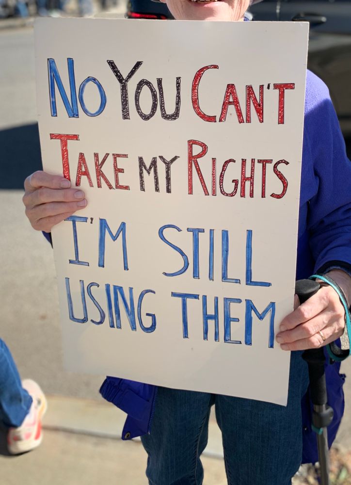 Sign says “YOU CANT TAKE MY RIGHTS. IM STILL USING THEM. Sign holder reports no Antifa check received. 