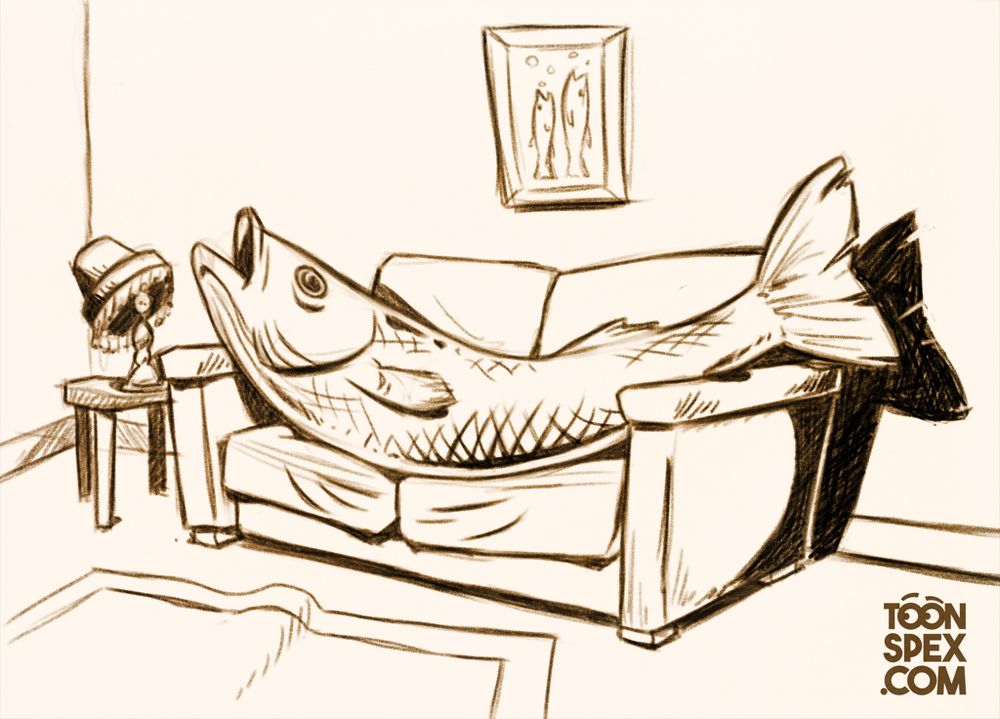 An enormous fish lying on a couch. Illustration by Toonspex.