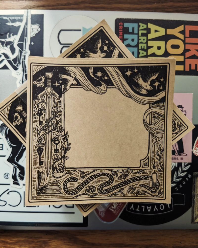 a brown square sticker with a decorative border of birds, stars, snakes, and swords. if a professional artist did it you wouldn't be impressed but *i* did it so you're a little impressed 