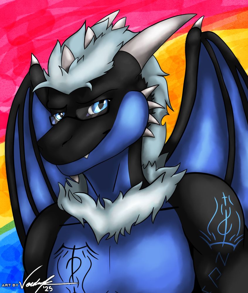 A blue and black dragon with glasses and light blue hair. The background has a watercolor rendition of the pansexual flag.