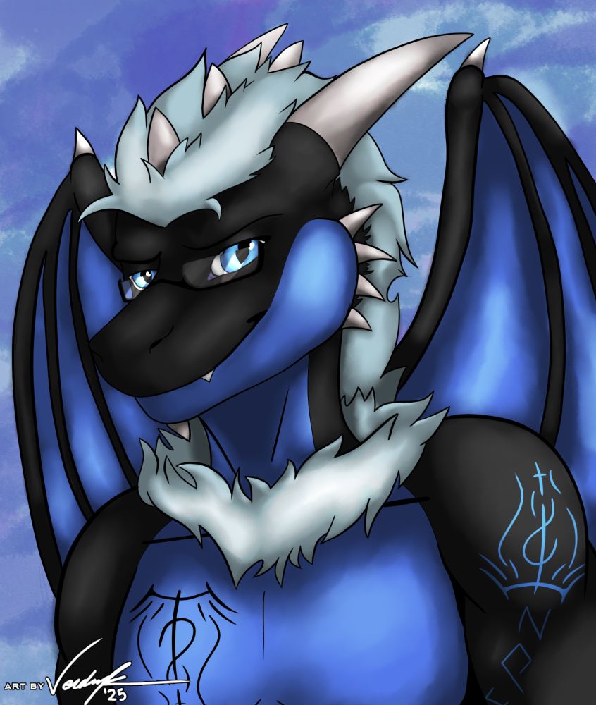A blue and black dragon with glasses and light blue hair. The background has a watercolor sky.