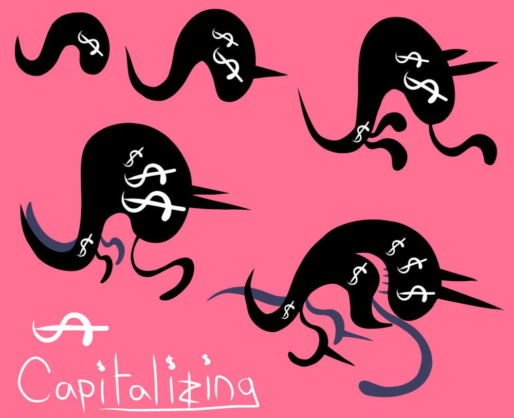 An S shaped black slug-snake-thing with narwhal horns and four teeth.