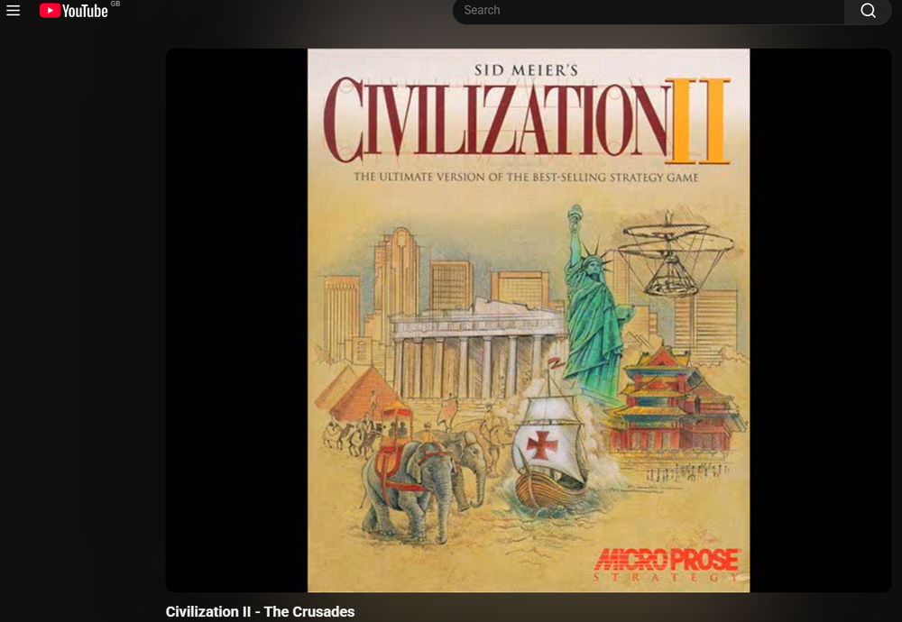 A YouTube screenshot. It shows the Civilization II cover art. The current track playing is 'The Crusades'.