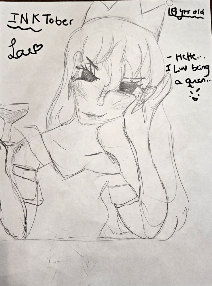 A cartoon drawing of a queen wearing a crown and holding a glass of wine, saying "hehe...I luv being a queen" 😈