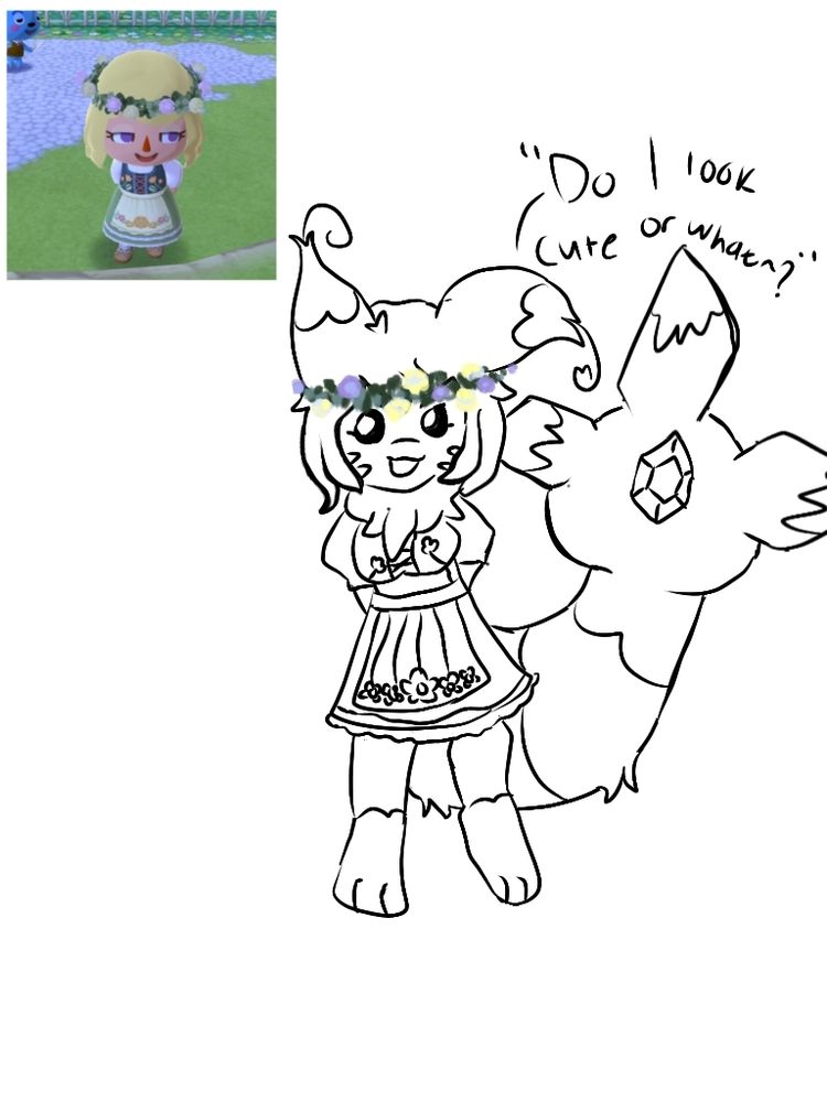 Genderbent semi anthro? Parkay with a flower crown and a dress, asking if she is cute or what
