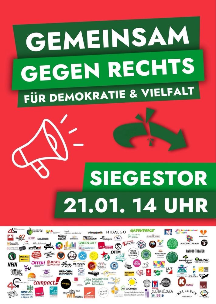 Demo Flyer „Gemeinsam gegen Rechts“ mit den Logos aller teilnehmenden Organisationen. Am 21.01. um 14 Uhr am Siegestor.