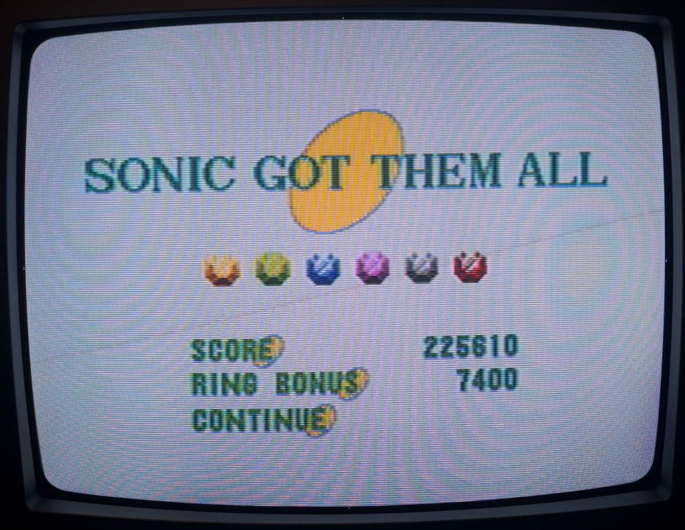 Picture of CRT TV showing the bonus stage summary with 6 chaos emeralds in Sonic 1 on Genesis