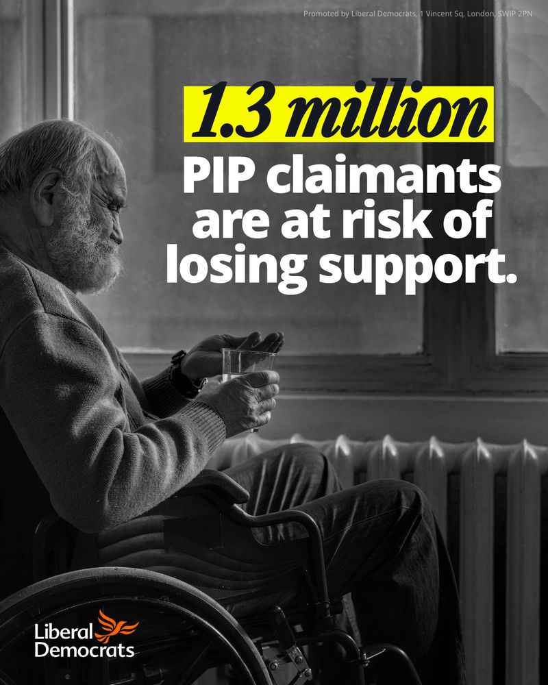 Elderly man in a wheelchair by the window taking medication. Black and white photo. The caption reads "1.3 Million PIP claimants are at risk of losing support". 