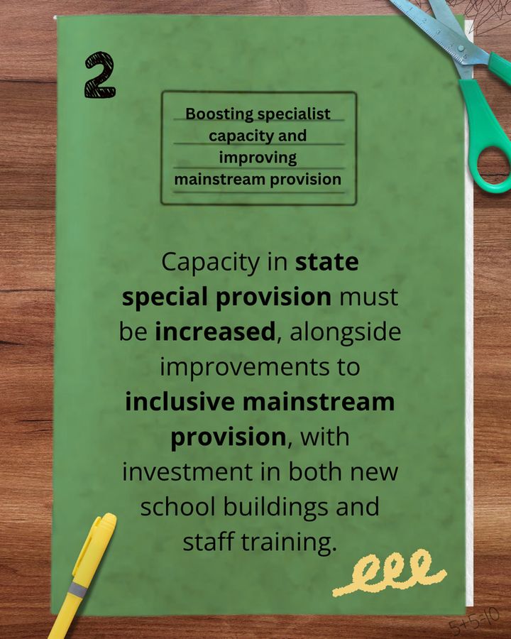 Forest green school exercise book cover that reads: Boosting specialist capacity and improving mainstream provision Capacity in state special provision must be increased, alongside improvements to inclusive mainstream provision, with investment in both new school buildings and staff training.