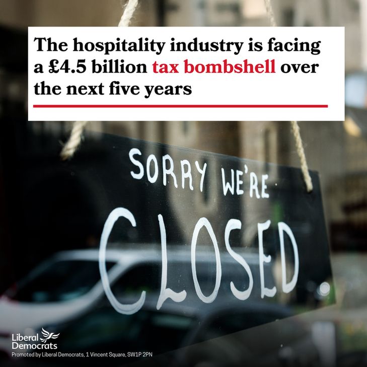 text on screen reads: The hospitality industry is facing a £4.5 billion tax bombshell over the next five years- underneath is a sign that reads 'sorry we're closed'