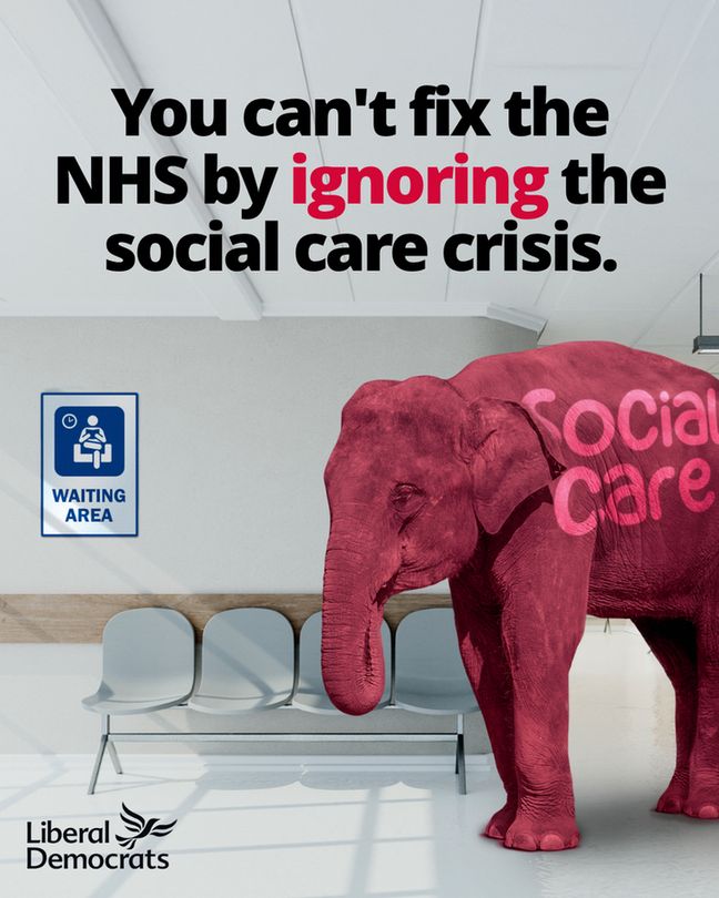 Title of the graphic is You can't fix the NHS by ignoring the social care crisis. Below the text is a red elephant labelled Social Care, stood in an NHS waiting room. 