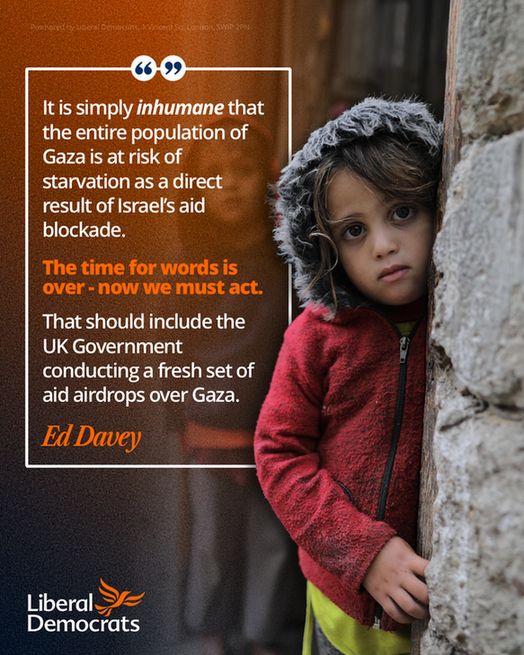 An image of a sad child wearing a red jacket with a quote from Ed Davey that reads: 

“It is simply inhumane that the entire population of Gaza is at risk of starvation as a direct result of Israel’s aid blockade. 

The time for words is over - now we must act.

That should include the UK Government conducting a fresh set of aid airdrops over Gaza.

Ed Davey 