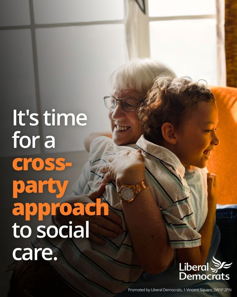 Graphic of an elderly woman and a young boy embracing, overlaid with 'It's time for a cross-party approach to social care."