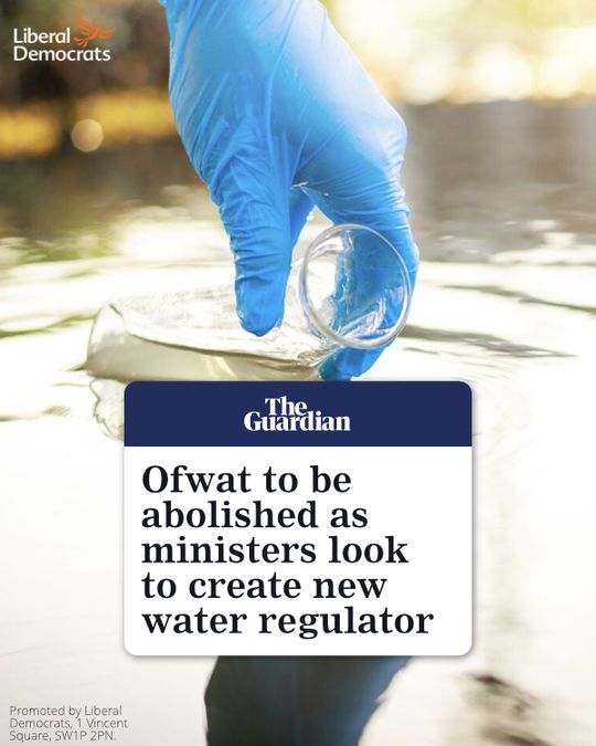 Photo of a water sample being taken. Guardian headline "Ofwat to be abolished as ministers look to create new water regulator"