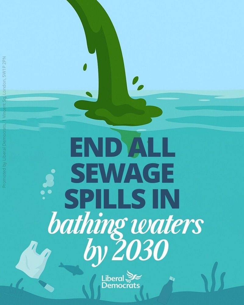 A cartoon sewage graphic with the words in the water saying:

END ALL SEWAGE SPILLS IN 
bathing waters by 2030