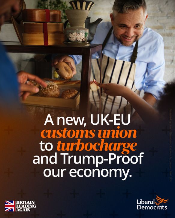 A graphic of a male bakery shop worker - giving an order to a father and a child whilst smiling. 

The graphic reads: A new, UK-EU customs union to turbocharge and Trump-Proof our economy. 