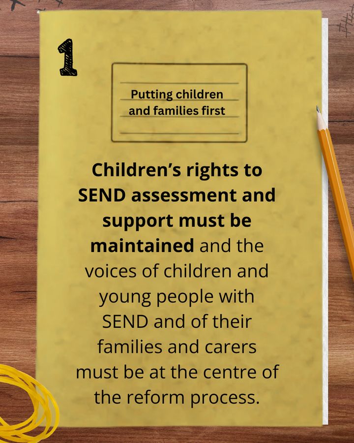 Yellow school exercise book cover that reads: Putting children and families first Children’s rights to SEND assessment and support must be maintained and the voices of children and young people with SEND and of their families and carers must be at the centre of the reform process.