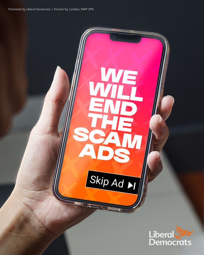 woman holding an iPhone with a YouTube ad displaying which says 'we will end the scam ads'