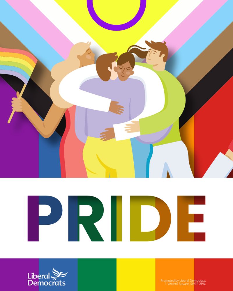 Background - progress pride flag. Graphic depiction of four people embracing. "PRIDE". Liberal Democrats logo