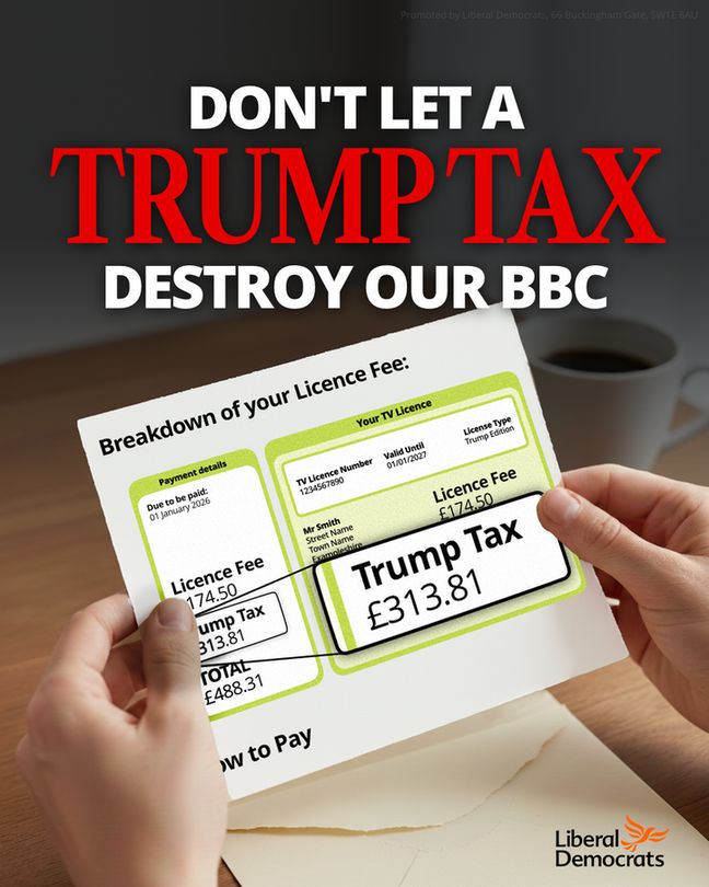 A graphic showing a mockup TV Licence bill, with an additional £313.81 added to the the £174.50 Licence cost, to account for the cost of a 'Trump Tax' stemming from his $10bn lawsuit on the BBC. 
