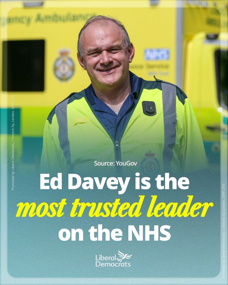 Results of a YouGov poll indicating Ed Davey is the most trusted party leader when it comes to the NHS. 