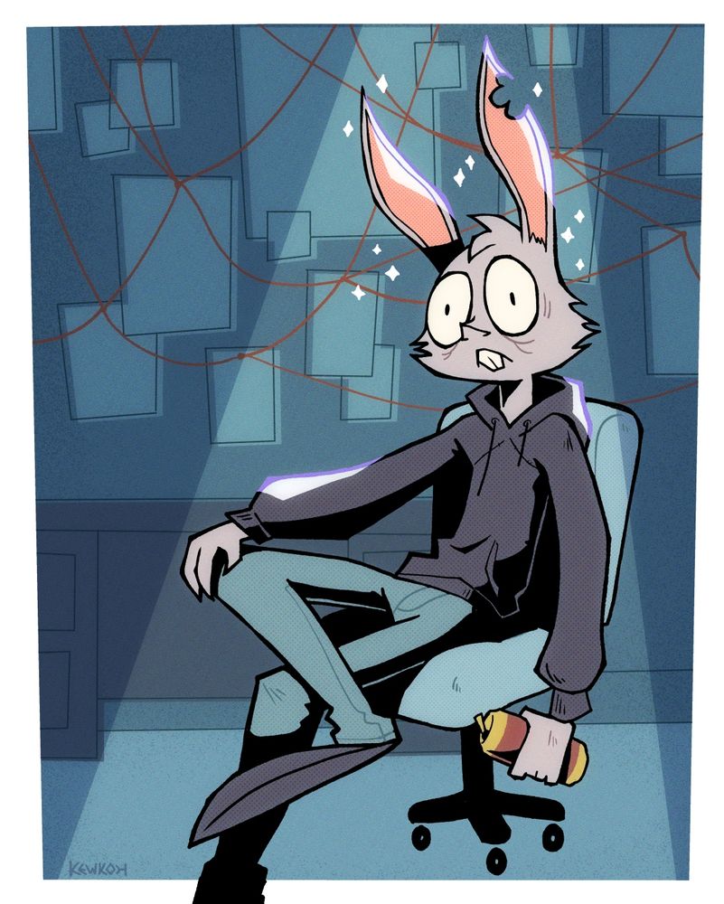 Lester sitting in a chair in front of a conspiracy board with one leg crossed over the other. He's under a spotlight and holding a beer.