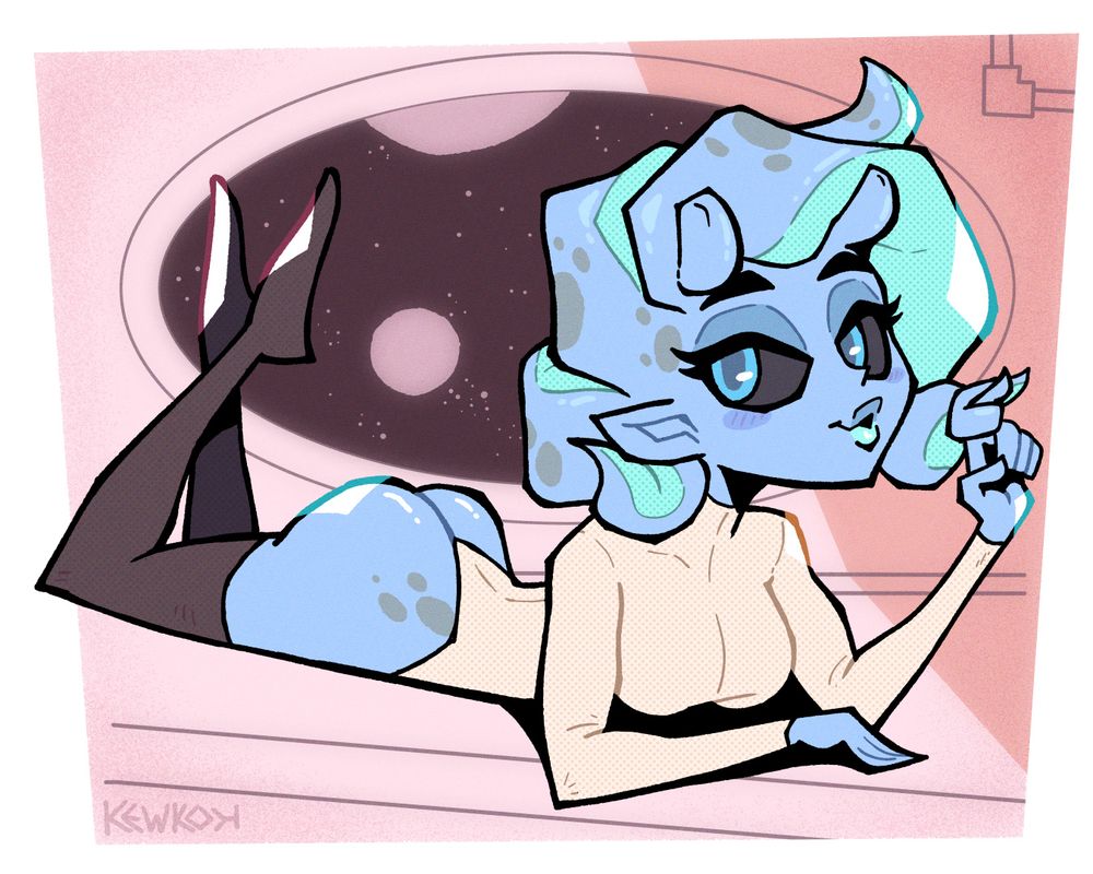 A blue skinned alien with tentacles for hair lying on her stomach.