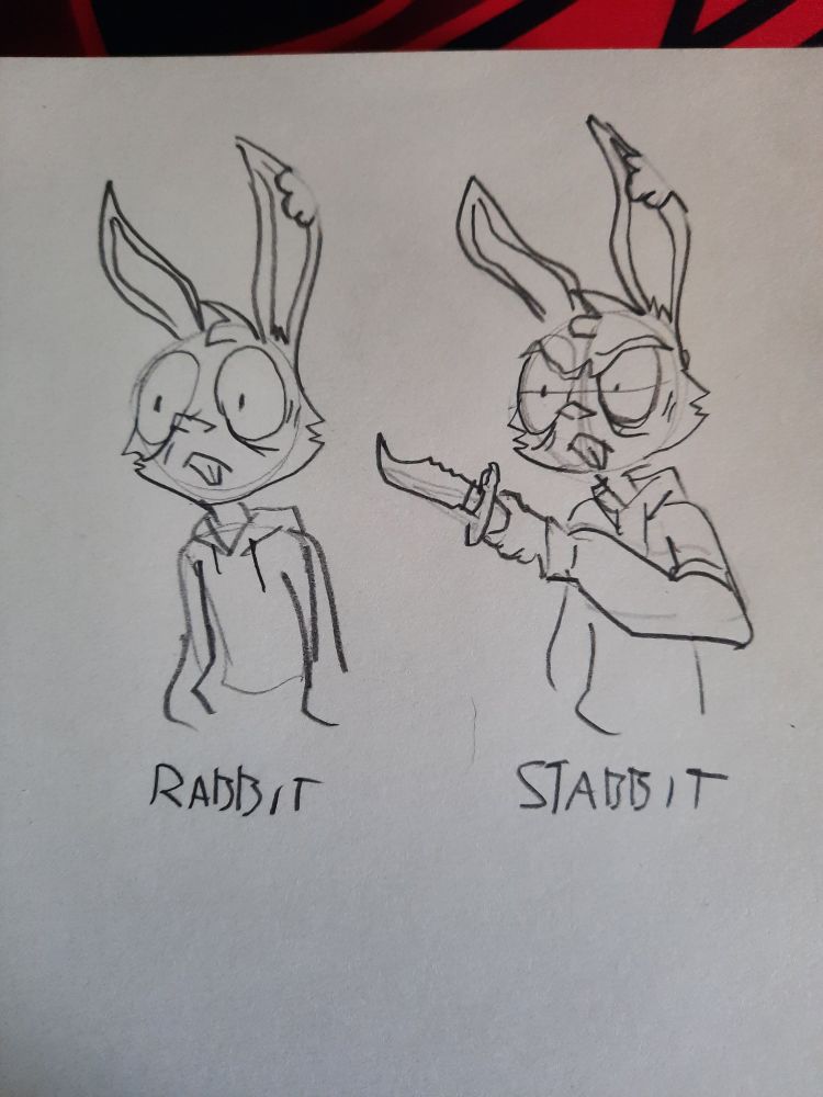 A doodle of two anthro rabbits. The one on the left has a calm, vacant expression with the caption "rabbit." On the right, a similar looking g rabbit looks angry and is holding a knife with the caption "stabbit."