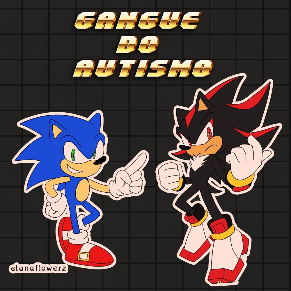 Arte digital com fundo quadriculado preto. No topo, em letras douradas, lê-se “Gangue do Autismo”. À esquerda, Sonic sorri confiante, com uma mão na cintura e a outra apontando para frente. À direita, Shadow está em posição de combate, sério, com os punhos erguidos. No canto inferior esquerdo aparece o arroba “@lanaflowerz”.