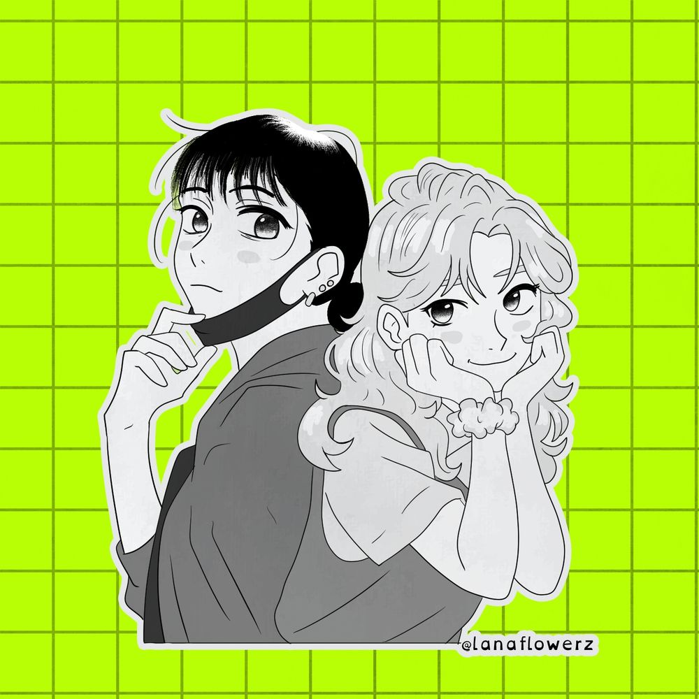 
Duas garotas em estilo mangá, lado a lado, sobre um fundo verde neon quadriculado. Uma usa máscara no queixo e olha séria; a outra sorri com as mãos no rosto. Assinatura: @lanaflowerz.
