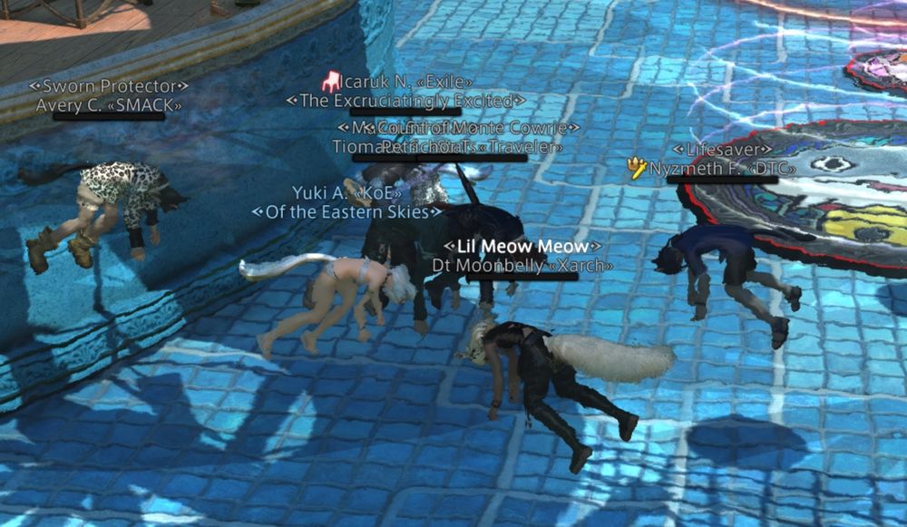 a screenshot of a bunch of bodies in the pool at the moonfire faire. All of which got there via Blue Magic shenanigans.