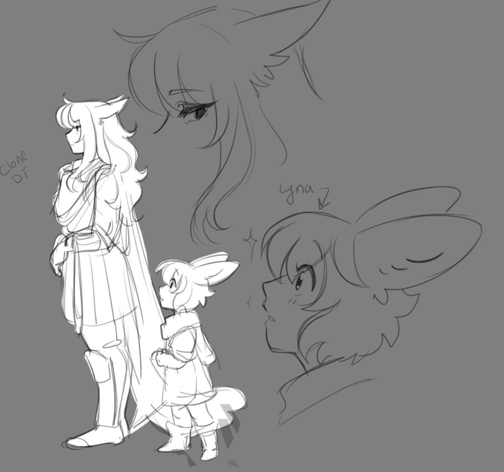 A slightly older 'clone' of DT Moonbelly standing in Crystarium Guard gear, glancing down at a child Lyna who peers up at her with awe. 