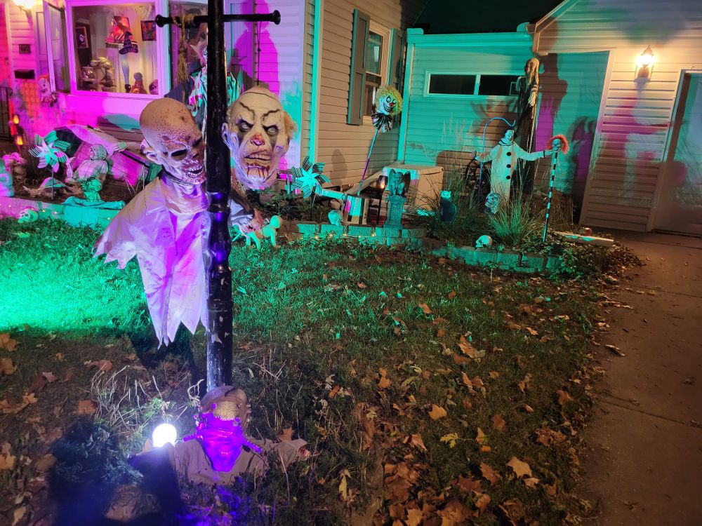 A  upclose of a couple zombie heads hanging and one coming out of the ground 