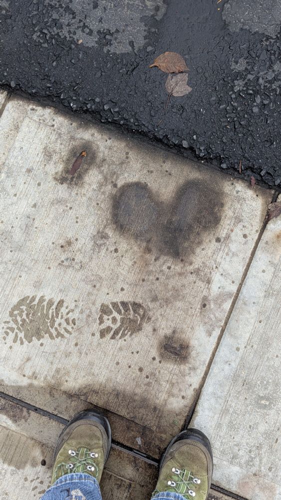 Hiking booted feet, wet boot print, water/oil heart, a couple autumn fallen leaves
