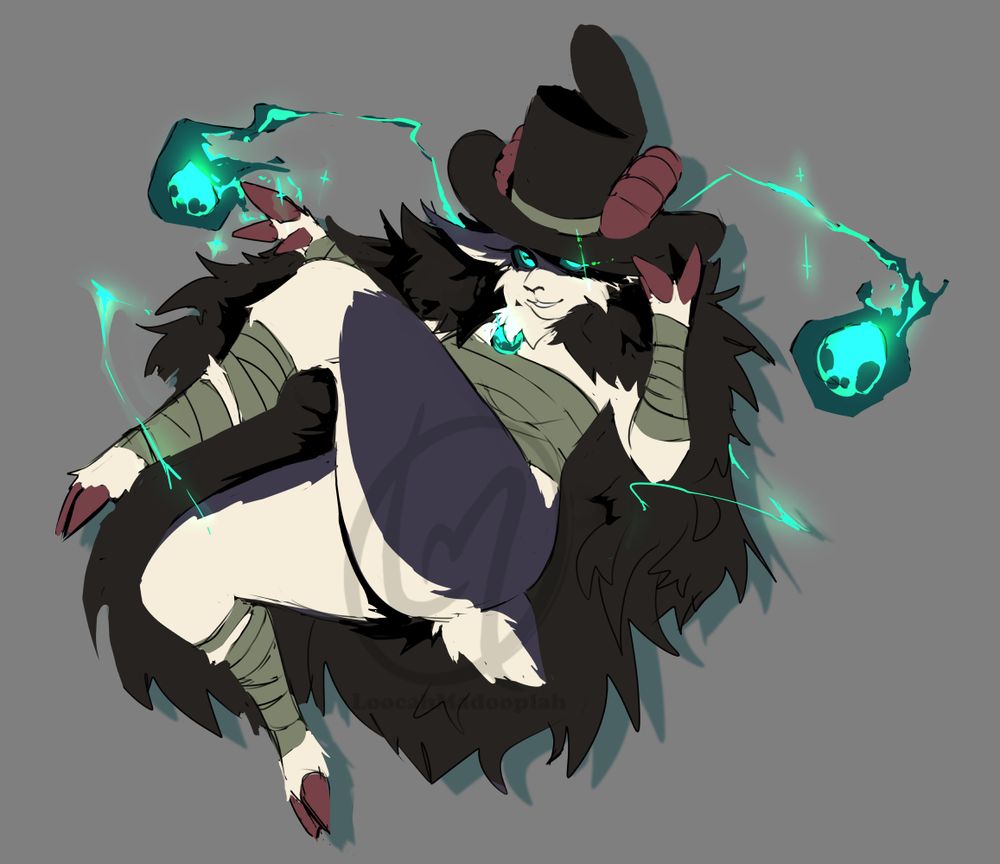 An anthro goat woman tipping her raggedy top hat, covering one eye that shines through the shadows. The clothing she has are dull bandage wrappings around her torso, arms, and legs. Two teal ghostly balls of fire swirl around her as she floats in the air, the fluffy cape she wears billowing behind her. 