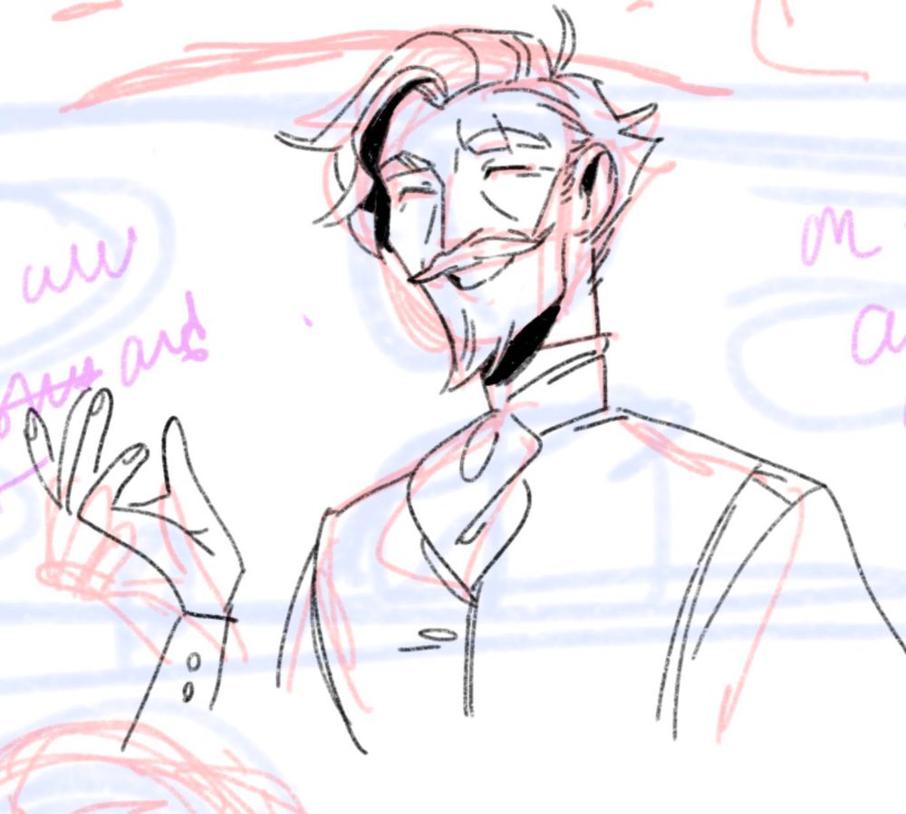 A scribbly picture of a bearded man, smiling.