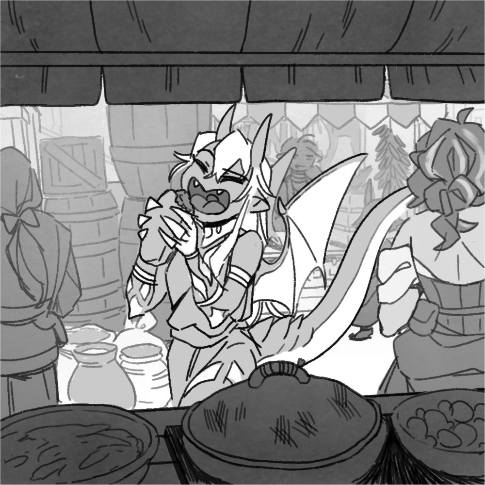 A greyscale drawing of a woman with draconic features walking through a market, eating falafel happily.
