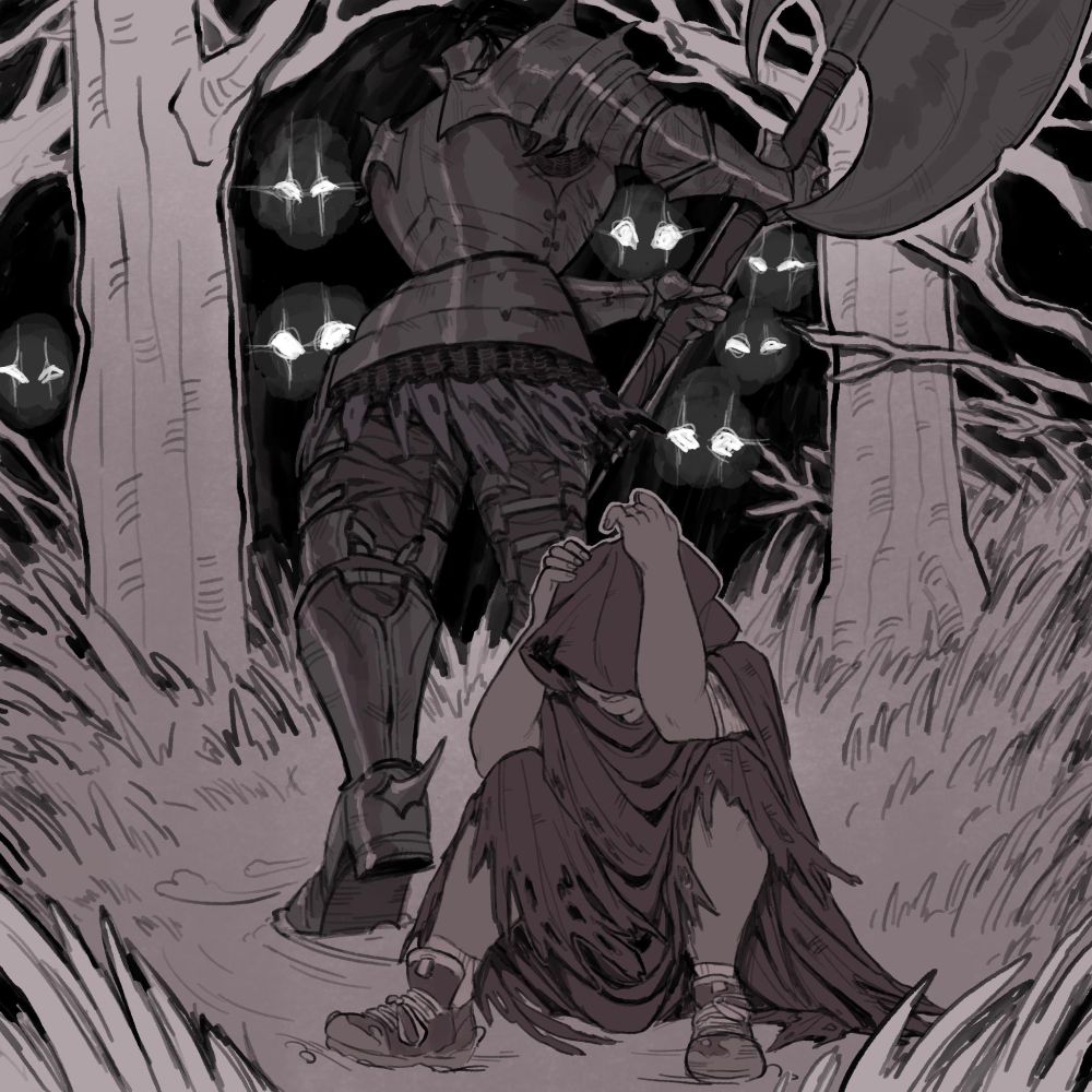 A large figure in dark armor stands over a crouching figure in a ragged cloak.