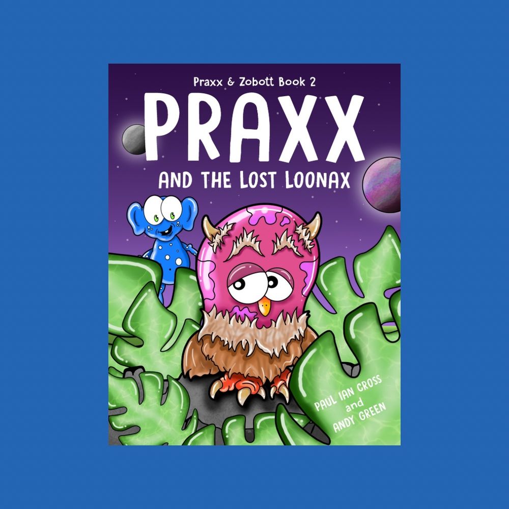 Image 2 (Book 2 Cover):
The cover of Praxx and the Lost Loonax depicts Praxx again in a lush alien jungle environment, accompanied by the Lost Loonax, a quirky pink creature resembling a mix between an owl and a colorful alien with expressive eyes. The background features a purple starry sky with distant planets. The bold white title, “Praxx and the Lost Loonax,” stands out above the characters, and the authors’ names, Paul Ian Cross and Andy Green, are placed subtly near the bottom.