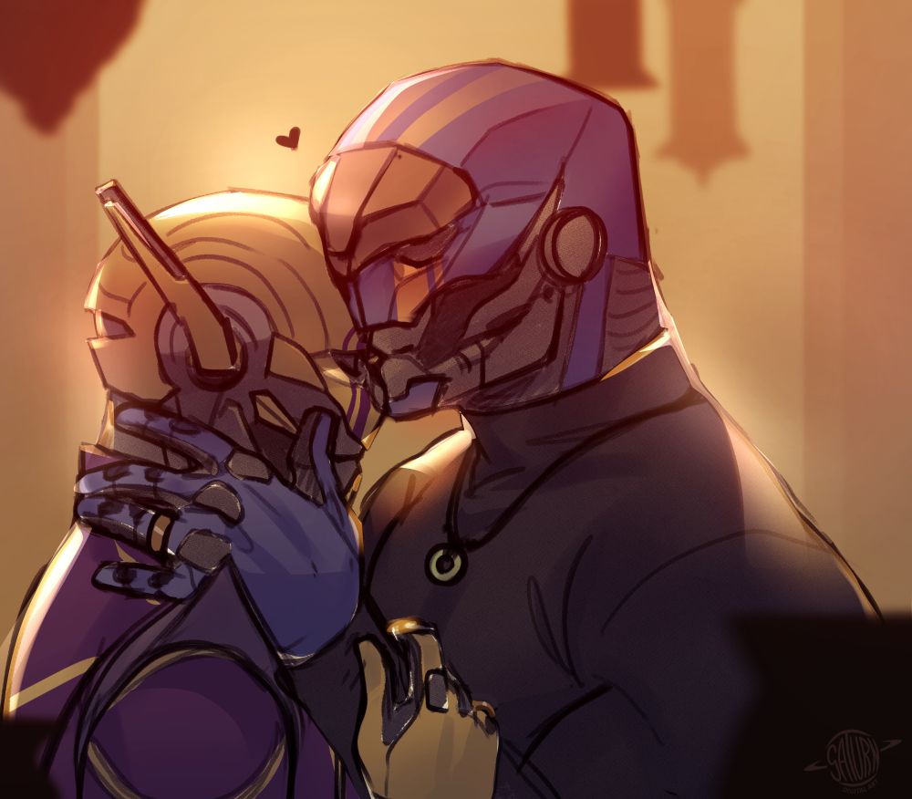 My ocs, Solaris-9 and Centauri-14, embrace eachother in warm yellow light. Centauri holds their husband's cheek and kisses his forehead as Sol smiles softly, holding their arm in return. 