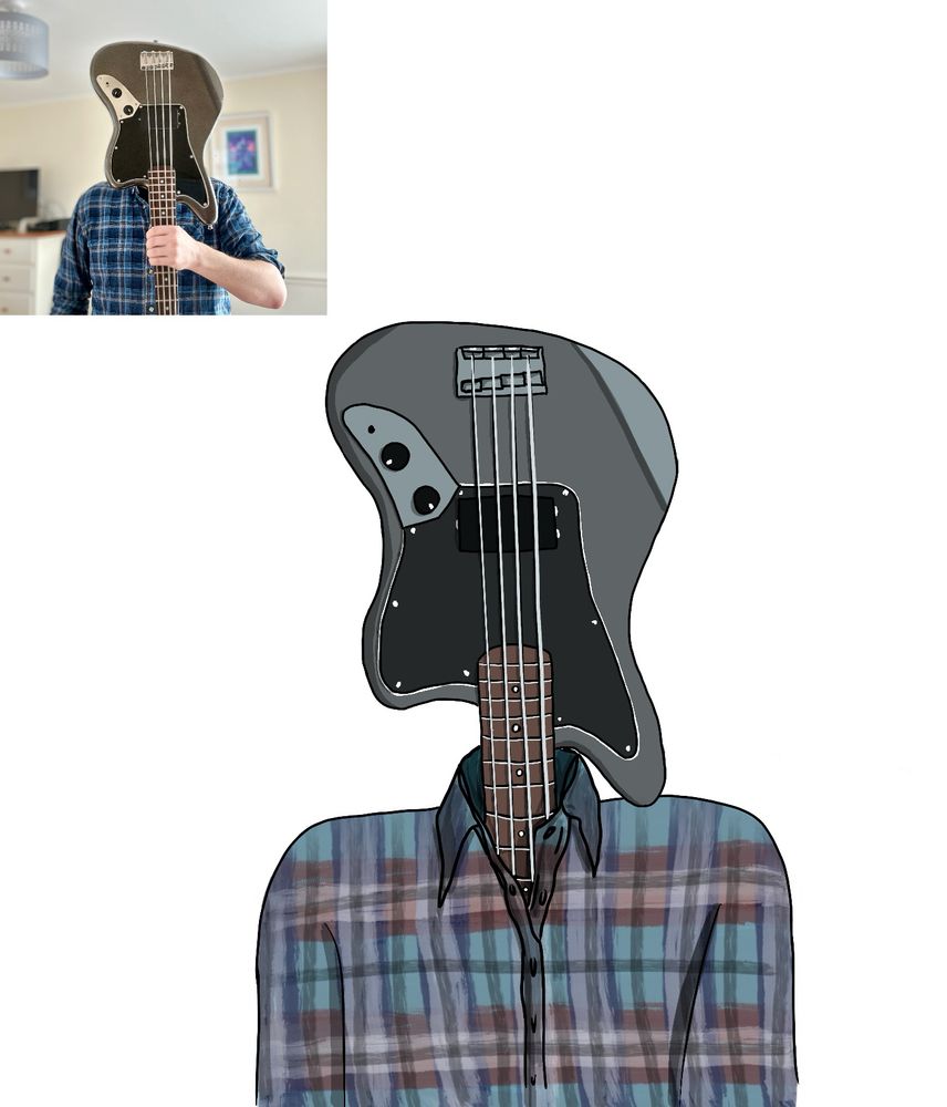 A drawing based on my old pfp of me holding the bass in front of my face but in the drawing the bass is actually my head