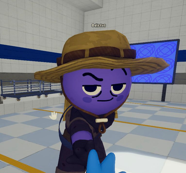 A screenshot from the game PEAK of a purple character giving a half smirk with one eyebrow raised. 